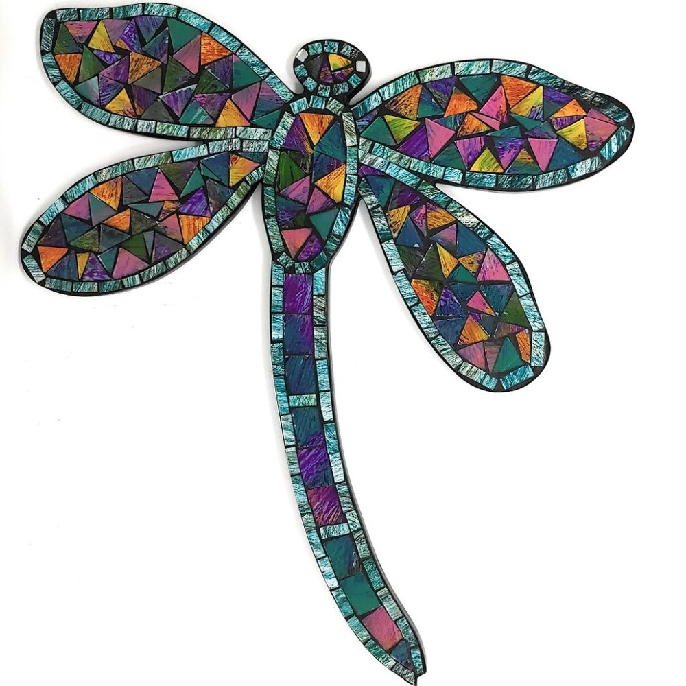 Rainbow colored Mosaic tile Dragonfly hanging 19"